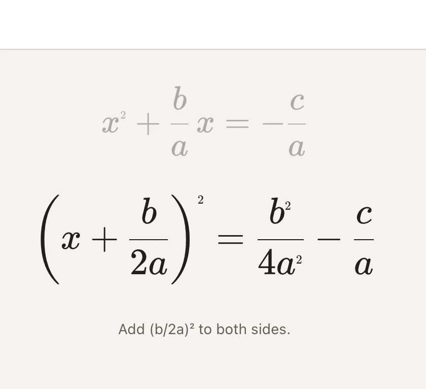 A quadratic-formula derivation with the current line centered, the previous line dimmed above it, and a caption underneath