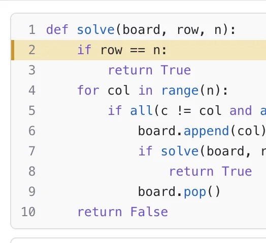 StateViewer source panel for an N-Queens solver with the line about to run highlighted