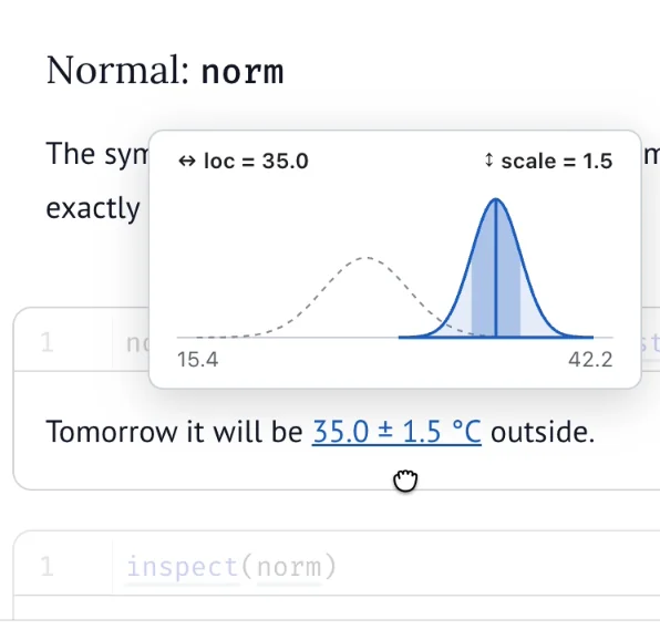 An inline 35.0 ± 1.5 °C value being dragged, with a floating chart comparing the dashed starting bell curve to the current one
